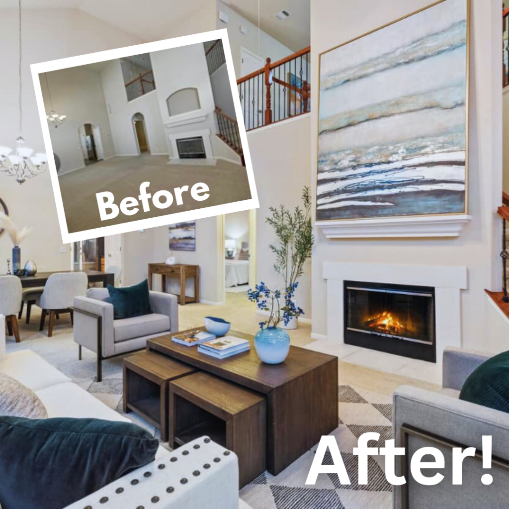 before & after pics of staging in living room featuring beautiful fireplace